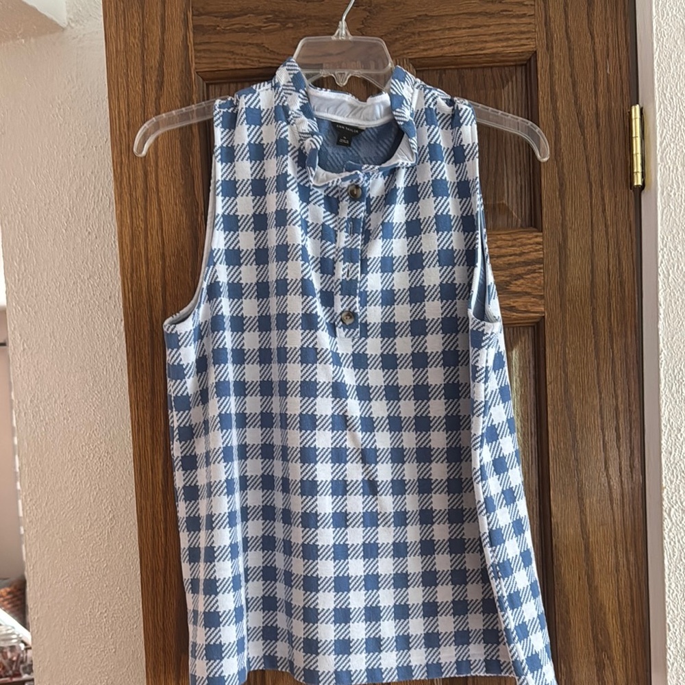 Ann Taylor Blue and White Gingham Sleeveless Shell